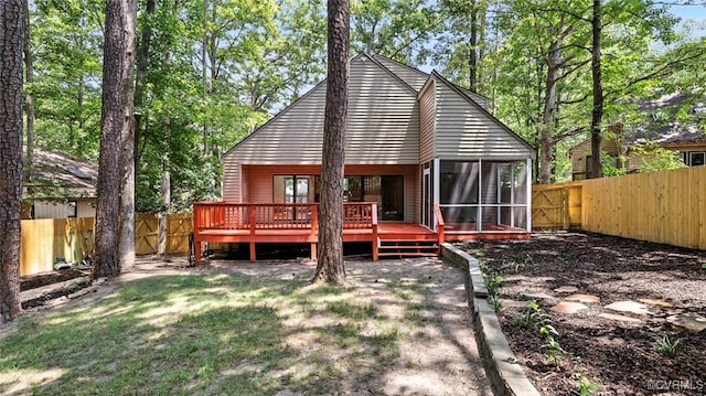 636 Spirea Rd, North Chesterfield, VA 23236 - rear view of property featuring a sunroom, a fenced backyard, and a wooden deck