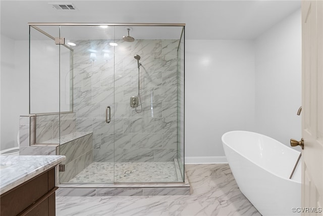 102 Penrith Ct, Williamsburg, VA 23185 - bathroom with a soaking tub, a marble finish shower, marble finish floors, and vanity