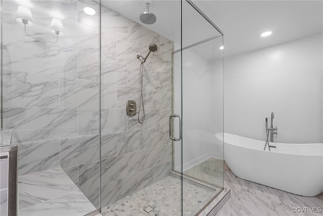 102 Penrith Ct, Williamsburg, VA 23185 - bathroom with a stall shower, a freestanding tub, marble finish floors, and recessed lighting