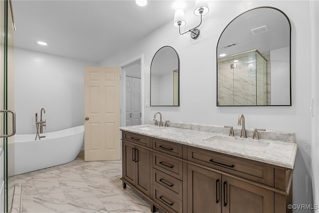 102 Penrith Ct, Williamsburg, VA 23185 - bathroom with double vanity, marble finish floors, a stall shower, a soaking tub, and recessed lighting