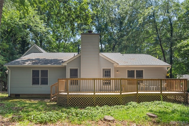 102 Penrith Ct, Williamsburg, VA 23185 - rear view of house featuring a chimney, a shingled roof, and a deck