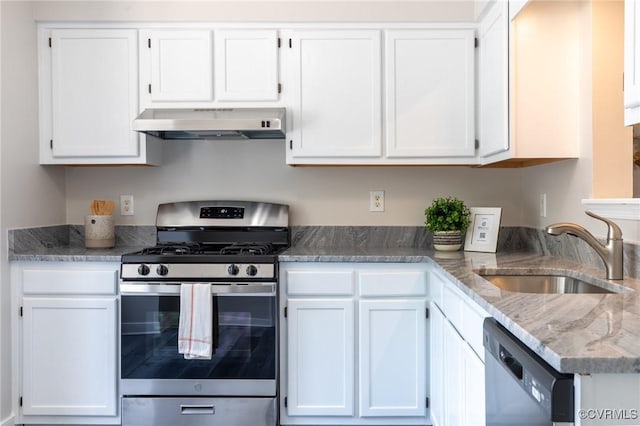 20 Madrone Pl, Hampton, VA 23666 - kitchen with ventilation hood, stainless steel gas range oven, dishwasher, and white cabinetry