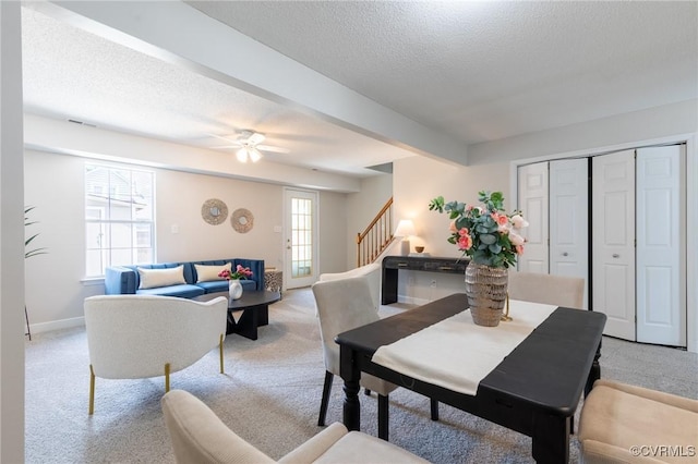 20 Madrone Pl, Hampton, VA 23666 - dining area featuring light colored carpet, stairs, a textured ceiling, and a ceiling fan