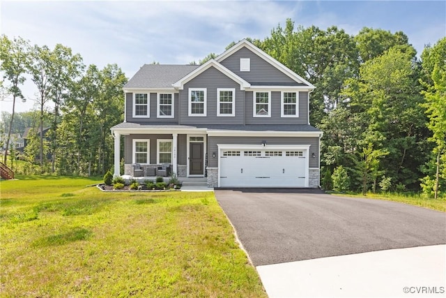 14106 Botsford Ave, Chesterfield, VA 23831 - view of front facade featuring a porch, driveway, stone siding, and an attached garage