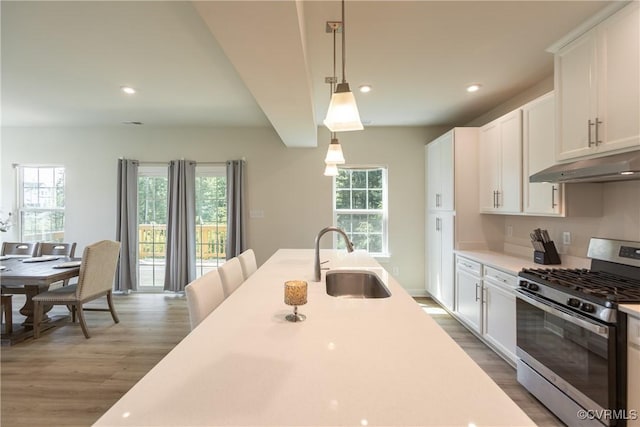 14106 Botsford Ave, Chesterfield, VA 23831 - kitchen featuring stainless steel range with gas stovetop, under cabinet range hood, wood finished floors, light countertops, and plenty of natural light