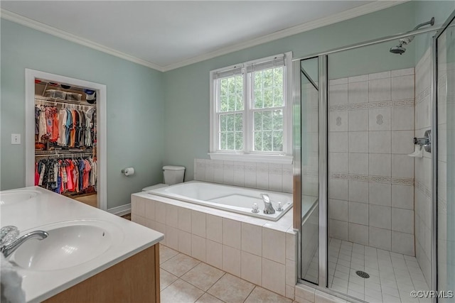 3731 Rivermist Ter, Midlothian, VA 23113 - bathroom with a stall shower, a garden tub, tile patterned flooring, double vanity, and ornamental molding