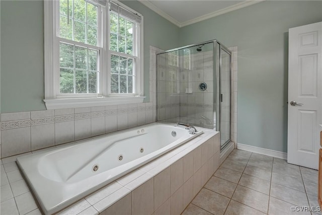 3731 Rivermist Ter, Midlothian, VA 23113 - bathroom featuring a stall shower, a whirlpool tub, tile patterned flooring, and crown molding