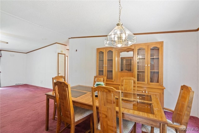 4867 Tabscott Rd, Kents Store, VA 23084 - carpeted dining area featuring crown molding, a chandelier, and a textured ceiling