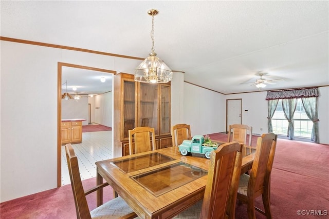 4867 Tabscott Rd, Kents Store, VA 23084 - carpeted dining area featuring a ceiling fan, a chandelier, and crown molding