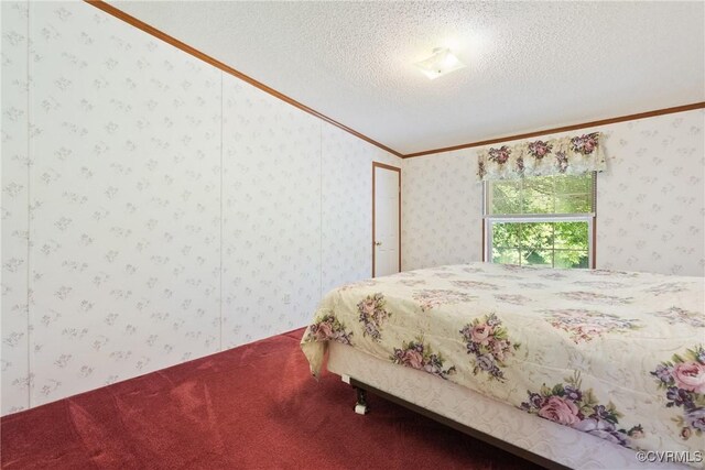 4867 Tabscott Rd, Kents Store, VA 23084 - bedroom with crown molding, carpet floors, a textured ceiling, and wallpapered walls