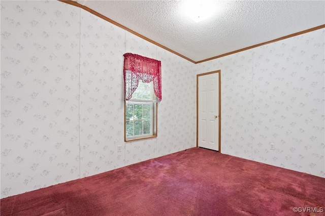 4867 Tabscott Rd, Kents Store, VA 23084 - carpeted empty room with ornamental molding, a textured ceiling, and vaulted ceiling