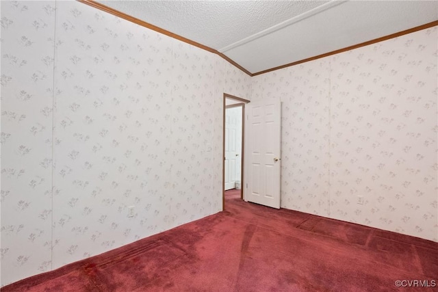 4867 Tabscott Rd, Kents Store, VA 23084 - empty room with crown molding, lofted ceiling, dark carpet, a textured ceiling, and wallpapered walls