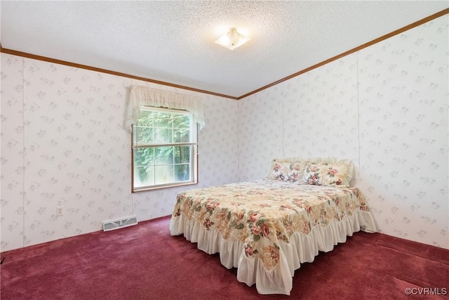 4867 Tabscott Rd, Kents Store, VA 23084 - bedroom featuring crown molding, dark carpet, a textured ceiling, and wallpapered walls
