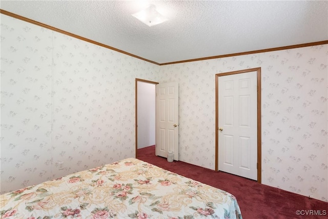 4867 Tabscott Rd, Kents Store, VA 23084 - bedroom with dark carpet, ornamental molding, and a textured ceiling
