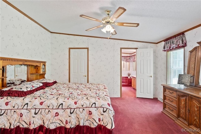 4867 Tabscott Rd, Kents Store, VA 23084 - bedroom with ornamental molding, dark colored carpet, vaulted ceiling, a textured ceiling, and wallpapered walls