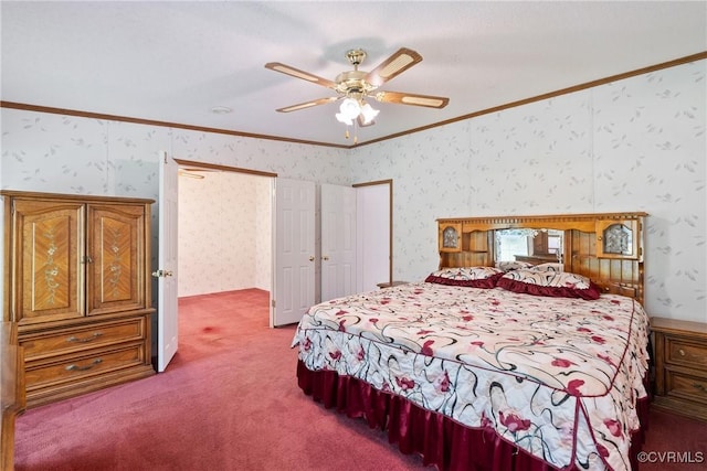 4867 Tabscott Rd, Kents Store, VA 23084 - carpeted bedroom with wallpapered walls, ornamental molding, and ceiling fan