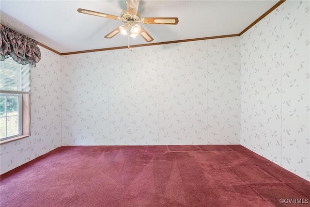 4867 Tabscott Rd, Kents Store, VA 23084 - spare room with wallpapered walls, carpet, ornamental molding, and a ceiling fan