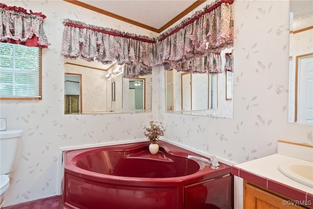 4867 Tabscott Rd, Kents Store, VA 23084 - bathroom featuring ornamental molding, a bath, vanity, wallpapered walls, and a textured ceiling