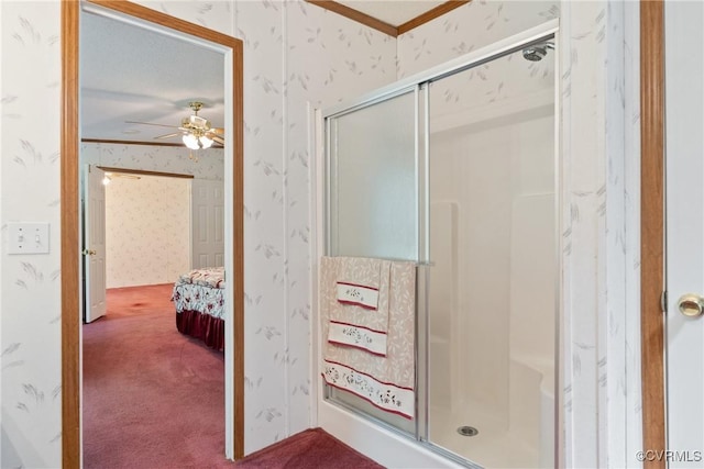 4867 Tabscott Rd, Kents Store, VA 23084 - ensuite bathroom featuring wallpapered walls, a stall shower, ornamental molding, and a ceiling fan