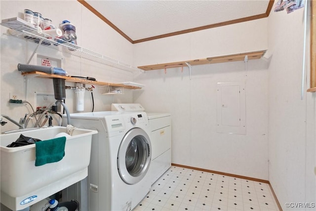 4867 Tabscott Rd, Kents Store, VA 23084 - laundry area featuring ornamental molding, electric panel, light floors, and washer and dryer