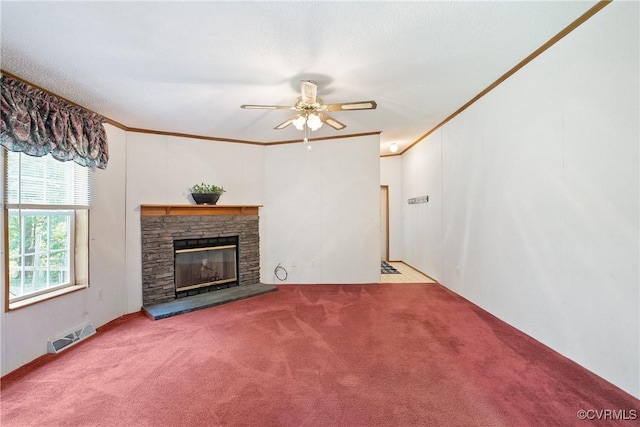 4867 Tabscott Rd, Kents Store, VA 23084 - unfurnished living room featuring ceiling fan, carpet flooring, a fireplace, and crown molding