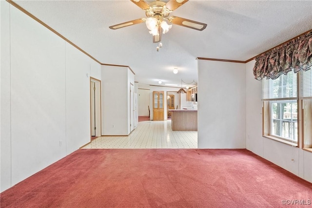 4867 Tabscott Rd, Kents Store, VA 23084 - unfurnished living room with carpet flooring, a ceiling fan, crown molding, and a textured ceiling