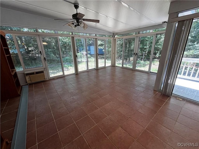16200 Hunters Ridge Ln, Moseley, VA 23120 - unfurnished sunroom featuring ceiling fan, healthy amount of natural light, a wall mounted air conditioner, and lofted ceiling
