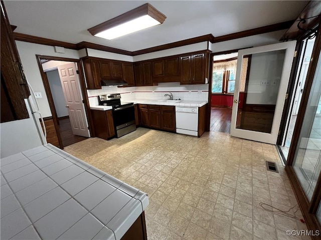 16200 Hunters Ridge Ln, Moseley, VA 23120 - kitchen featuring stainless steel electric range oven, dishwasher, light countertops, crown molding, and dark brown cabinetry