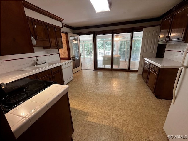 16200 Hunters Ridge Ln, Moseley, VA 23120 - kitchen with tile counters, dishwasher, dark brown cabinets, light floors, and decorative backsplash