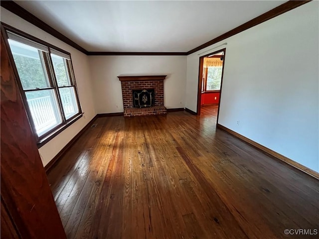 16200 Hunters Ridge Ln, Moseley, VA 23120 - unfurnished living room featuring dark wood finished floors, a fireplace, and ornamental molding