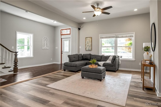 2502 4th Ave, Richmond, VA 23222 - living room featuring stairway, wood finished floors, a ceiling fan, and recessed lighting