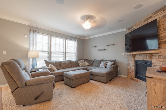 9545 Thornecrest Dr, Mechanicsville, VA 23116 - carpeted living room with crown molding, a stone fireplace, and a ceiling fan