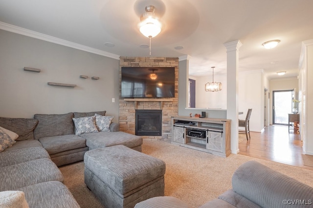 9545 Thornecrest Dr, Mechanicsville, VA 23116 - living room with ornamental molding, a stone fireplace, and light carpet