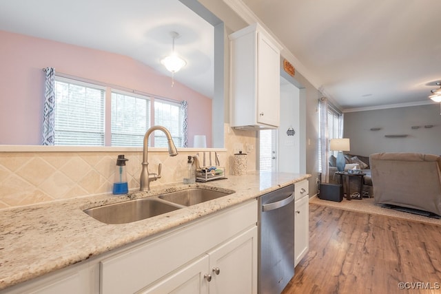 9545 Thornecrest Dr, Mechanicsville, VA 23116 - kitchen featuring dishwasher, light wood-type flooring, tasteful backsplash, white cabinets, and light stone counters