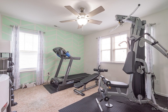 9545 Thornecrest Dr, Mechanicsville, VA 23116 - workout room featuring plenty of natural light, wallpapered walls, a ceiling fan, and carpet flooring