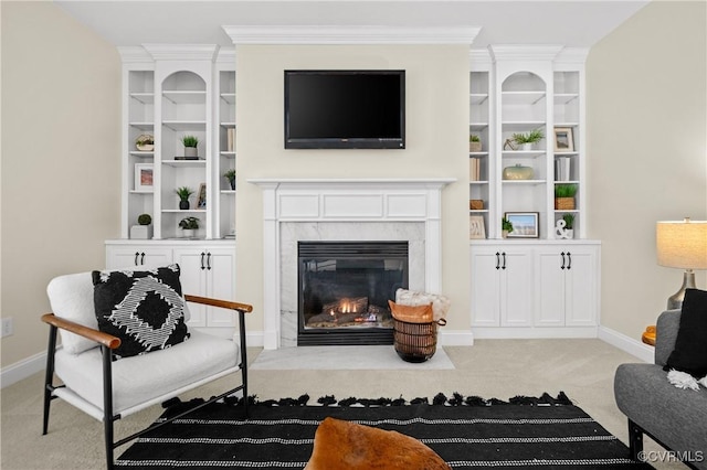 4313 Nevil Bend Turn, Moseley, VA 23120 - living area with light colored carpet, a fireplace, and crown molding