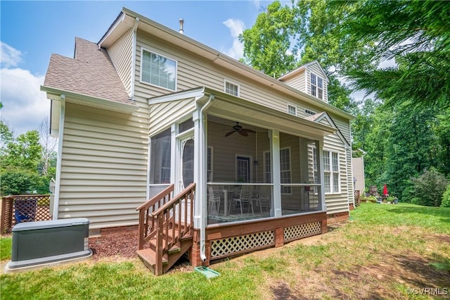 4313 Nevil Bend Turn, Moseley, VA 23120 - back of house featuring a sunroom, a yard, a ceiling fan, and roof with shingles