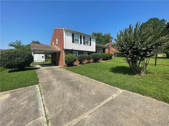 38 Spring Ct, Petersburg, VA 23803 - split level home with concrete driveway, a front lawn, a carport, and brick siding