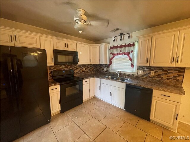 38 Spring Ct, Petersburg, VA 23803 - kitchen featuring black appliances, ceiling fan, decorative backsplash, and white cabinetry
