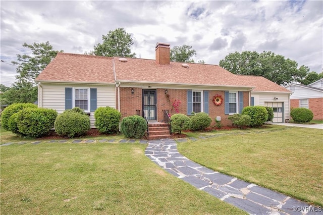 916 Forestview Dr, Colonial Heights, VA 23834 - ranch-style home featuring a chimney, a garage, a front lawn, brick siding, and roof with shingles