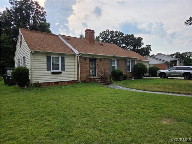 916 Forestview Dr, Colonial Heights, VA 23834 - ranch-style home featuring a chimney, a front lawn, a shingled roof, and brick siding