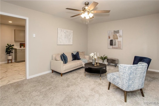 7856 Epic Rd, Midlothian, VA 23235 - living area featuring a ceiling fan, light marble finish flooring, and light colored carpet