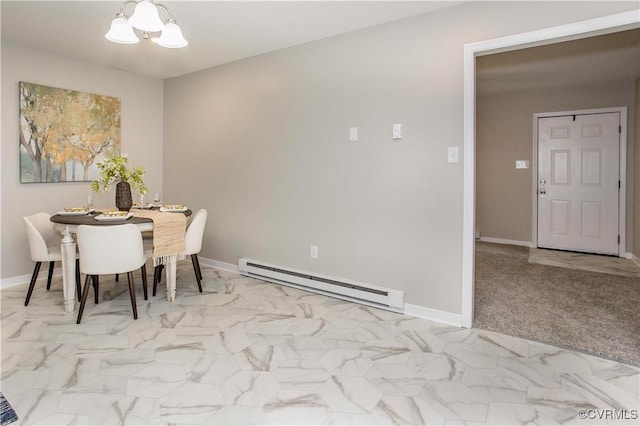 7856 Epic Rd, Midlothian, VA 23235 - dining space with a baseboard radiator, a chandelier, and marble look tile flooring