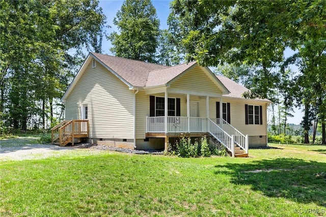 3899 Howell Rd, Powhatan, VA 23139 - ranch-style house with crawl space, covered porch, a front lawn, a shingled roof, and stairs