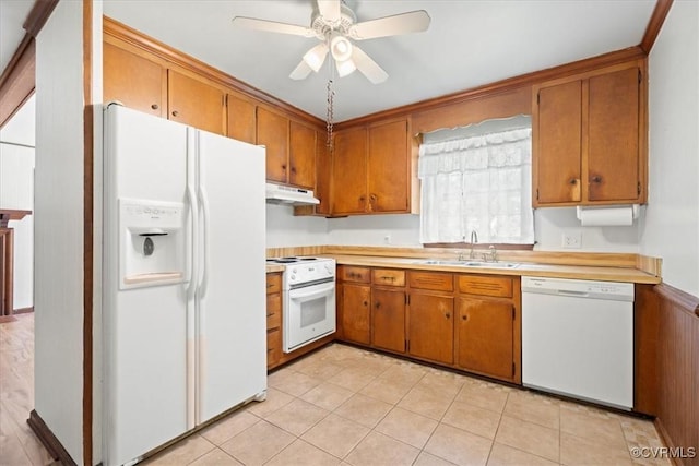 43 Franktown Rd, Hampton, VA 23663 - kitchen featuring white appliances, under cabinet range hood, brown cabinetry, light countertops, and ceiling fan