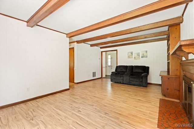 43 Franktown Rd, Hampton, VA 23663 - living area featuring beamed ceiling, wood finished floors, a fireplace, and wood walls