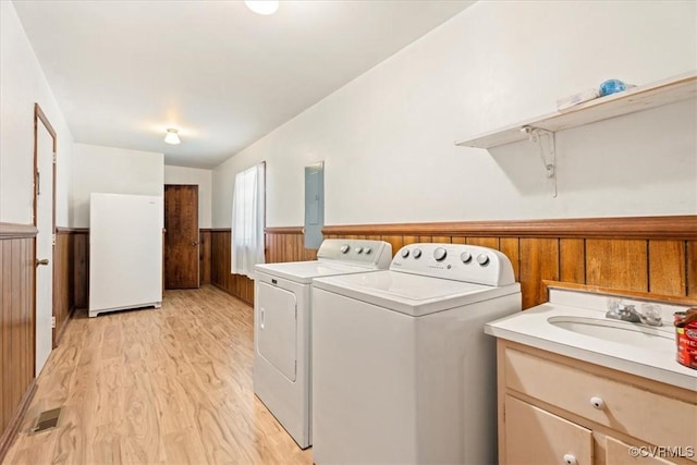 43 Franktown Rd, Hampton, VA 23663 - laundry area featuring a wainscoted wall, washing machine and clothes dryer, light wood-type flooring, electric panel, and wooden walls