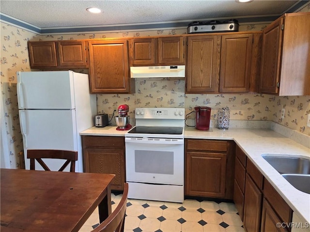 4104 Farm Creek Ter, Henrico, VA 23223 - kitchen featuring white appliances, under cabinet range hood, light floors, wallpapered walls, and light countertops
