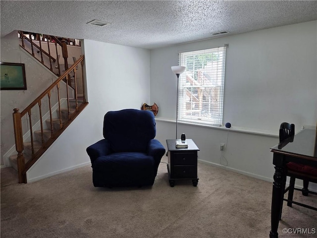 4104 Farm Creek Ter, Henrico, VA 23223 - sitting room with stairs, a textured ceiling, and carpet floors