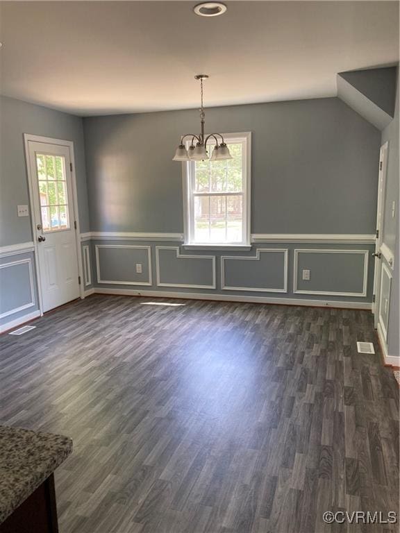 2515 Myron Ave, North Chesterfield, VA 23237 - unfurnished dining area featuring a chandelier, dark wood-style floors, a wainscoted wall, a decorative wall, and recessed lighting